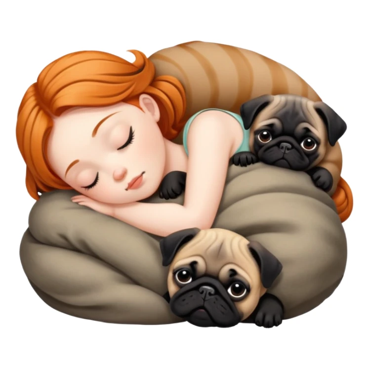 Sleeping ginger girl with black pug puppy and brindle pug puppy sticker