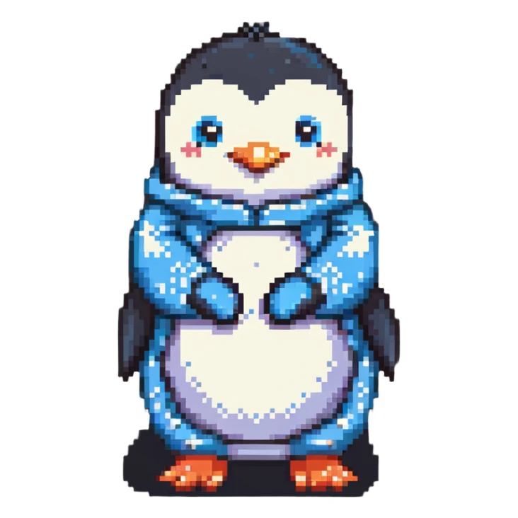 a penguin hugging a pillow, wearing pajamas, pixel art style, cute and cozy sticker
