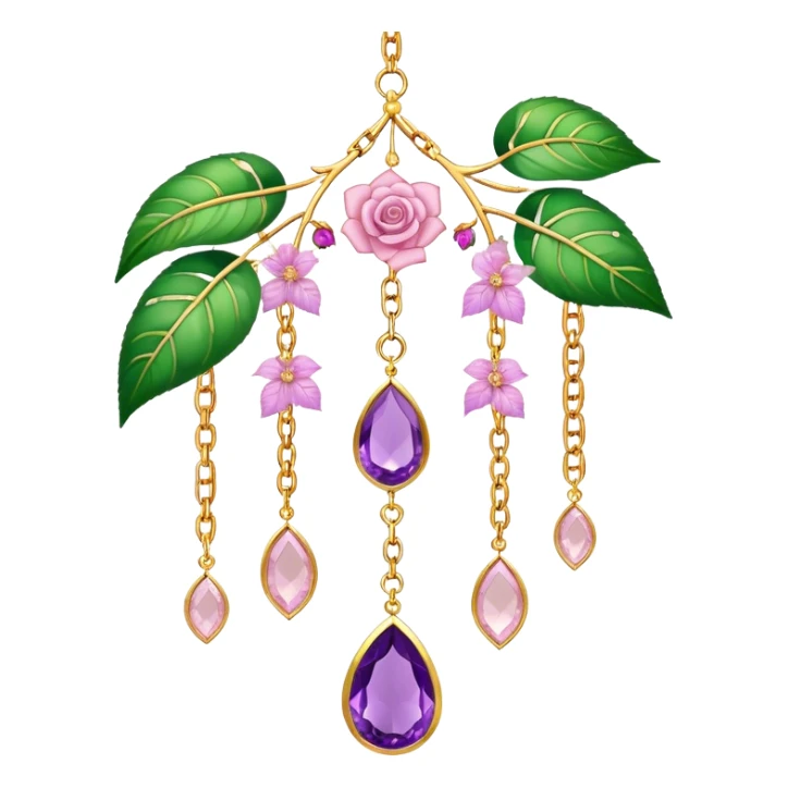 Hanging suncatcher, gold chains with shiny sparkly amethyst and rose-quartz gemstones, flowers, beautiful leaves, gorgeous aesthetics sticker