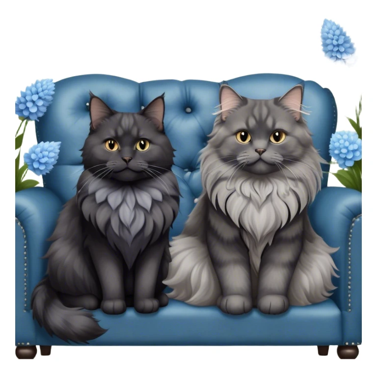 A large black smoke Maine Coon cat with long grey ear tufts and a fluffy grey ruff, sitting next to a chubby British Shorthair cat in blue color with plush fur, both sitting comfortably on a leather sofa. Beautiful room background with flowers and soft lighting. Transparent background. sticker
