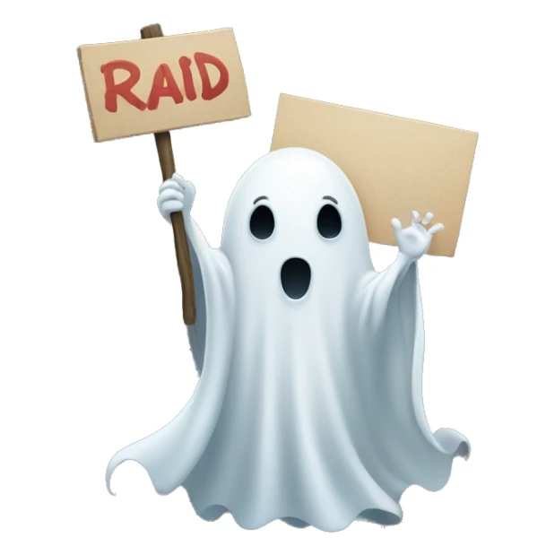 cutesy ghost holding a sign that says raid sticker
