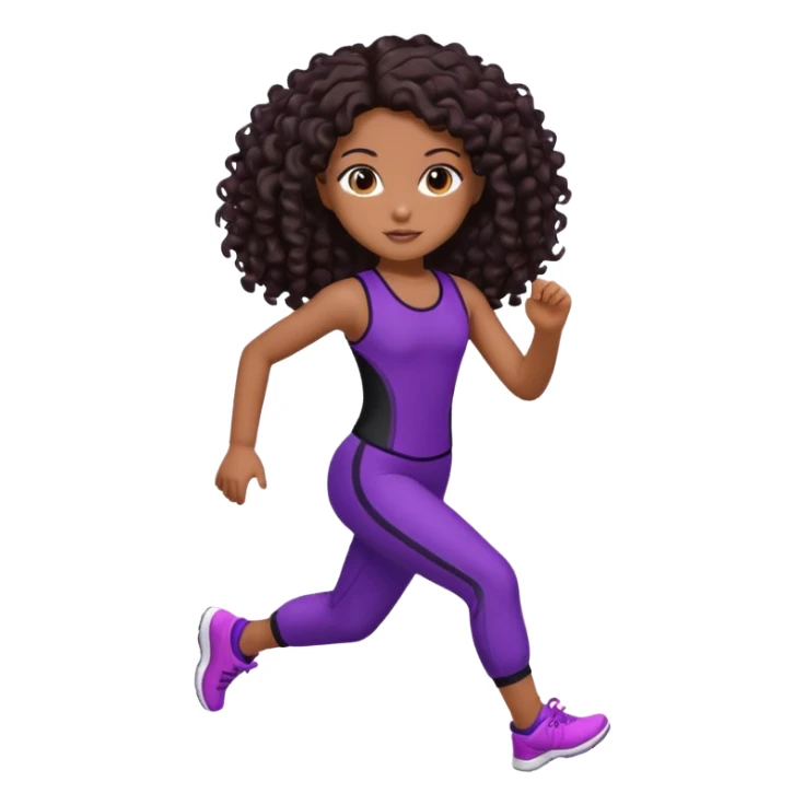Uma boneca morena escura com olhos castanhos e cabelo cacheado longo até o peito, treinando correndo a roupa roxa com detalhes preto sticker