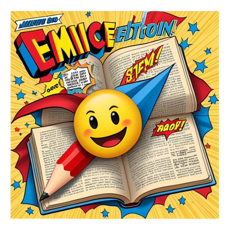 Create a vibrant emoji, representing comic books and graphic novels as an art form. The design should feature a large, opened comic book with vintage comic panels on the pages. Include a pencil (without a hand), writing text or sketching on the pages. The comic panels should have bold lines and retro-style artwork with classic comic book visuals. Use bright, energetic colors like red, yellow, and blue to evoke excitement and creativity. The overall design should feel dynamic, vintage, and artistic. Make the background transparent. sticker