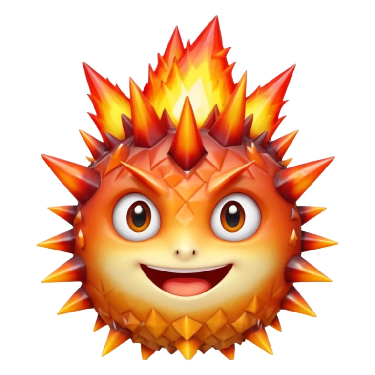 A single spiky crystal rock character, compact and round with many chunky flame-like spikes, glowing red–orange–yellow gradient like fire, faceted crystal texture, cute face with big shiny eyes and excited smile, sticker