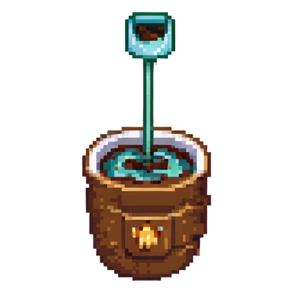 8-bit pixel art emoji, IV bag filled with brown coffee in a coffee cup connected sticker