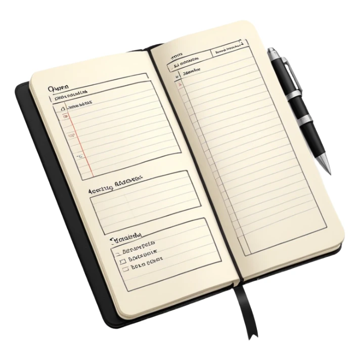 A classic black Moleskine notebook open to show an agenda page with meeting items and bullet points sticker