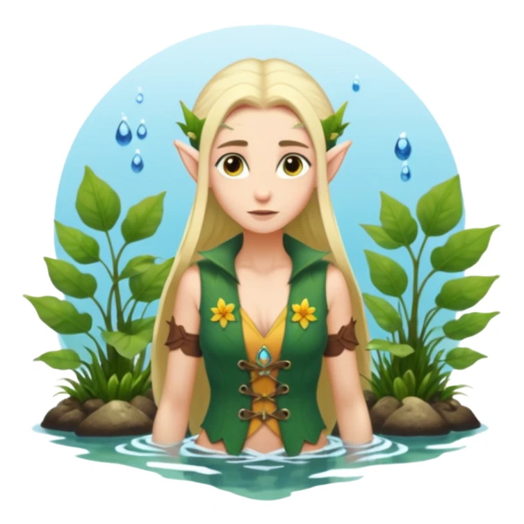 elf female legolas wading in shallow tide pool, palm emitting soft green light to heal glowing coral, practical open vest over bare chest, determined gaze, pointy ears, vibrant underwater plants, centered emoji, nature guardian summer sticker