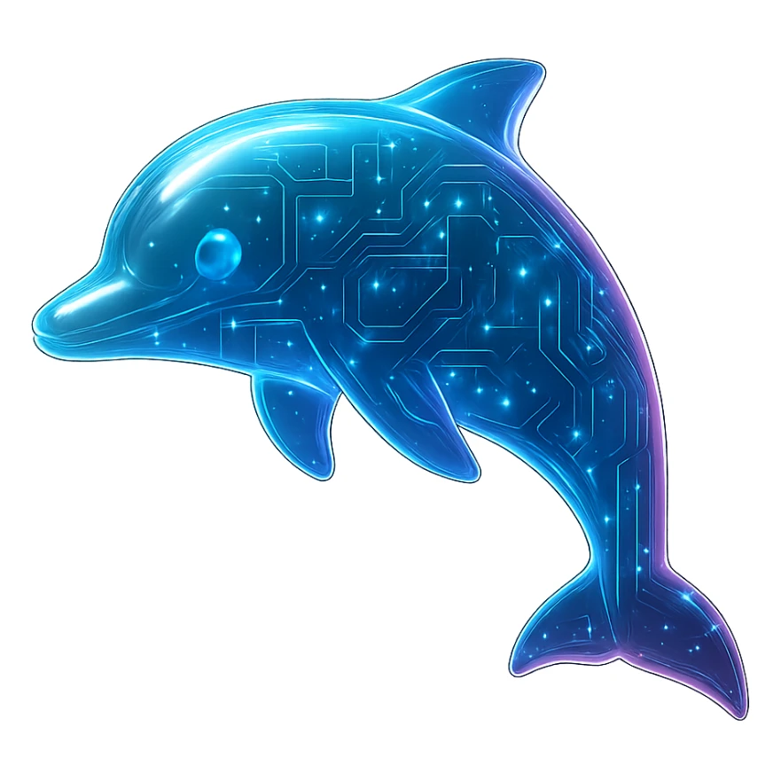 Create a dolphin icon in a cyberpunk, holographic style with glowing neon blue and pink edges, circuit patterns throughout the entire dolphin, and a transparent background. The design should clearly show the dolphin's shape, with neon and circuit effects in a futuristic, clean style consistent with previous cyberpunk icons. The whole icon should have a consistent cyberpunk glow and intricate circuit details. sticker