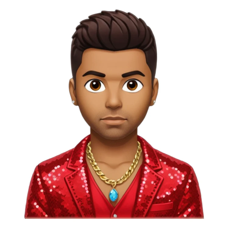 Ginuwine dark brown hair, red sequin jacket, shirtless with necklace sticker
