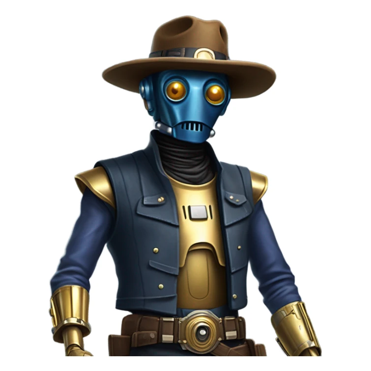mean bounty hunter tarnished undercover tough well-equipped Jedi life-sized darkblue-pearl C3po leather vest clothing pants and vest old west duster coat holding light saber sheriff holstered gun hat floating sticker