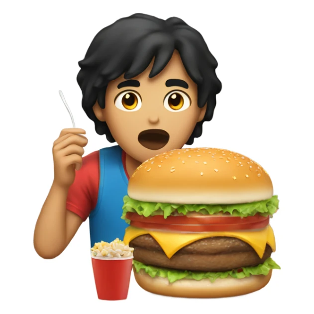 Boy with black hair to his shoulders eating a large burger  sticker
