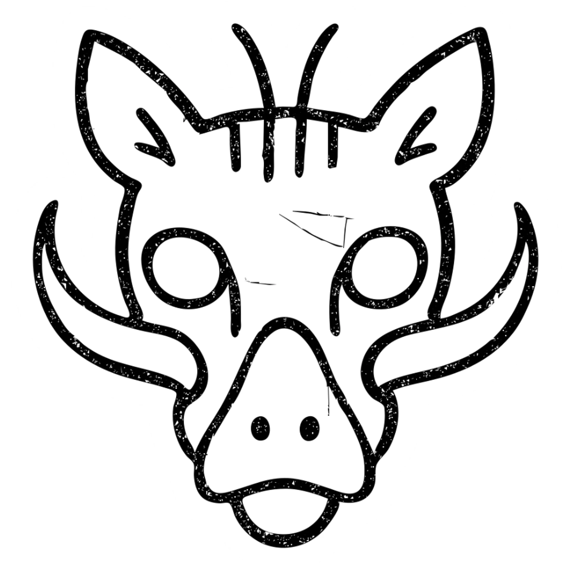 a highly abstract and minimalist red icon combining: stoat fur texture, minotaur skull with horn, frog eyes, elf facial structure, moth antennae, cat ears, platypus bill elements, and capybara nose, all fused into one bizarre chimeric head, extremely weathered with scratches, broken lines, and worn appearance, entirely red sticker