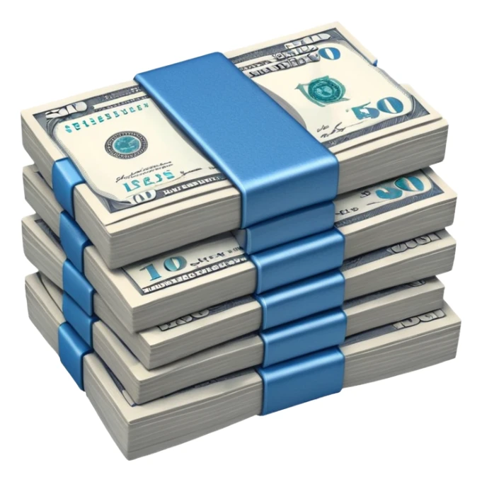 a neat bound stack of blue-and-white banknotes, koan bills , 90s futuristic, the band is dark gray sticker