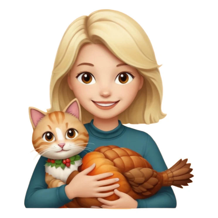 A blonde woman with a thanksgiving turkey cat sticker