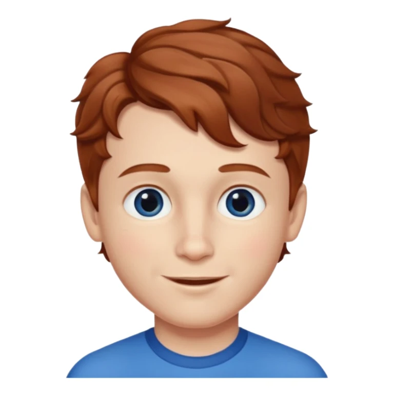 Please generate a portrait of a boy. He has light brown to reddish-brown wavy hair, a right side parting, longer sideburns, blue eyes, a snub nose, and a somewhat pronounced, strawberry-red pout. He is smiling. sticker