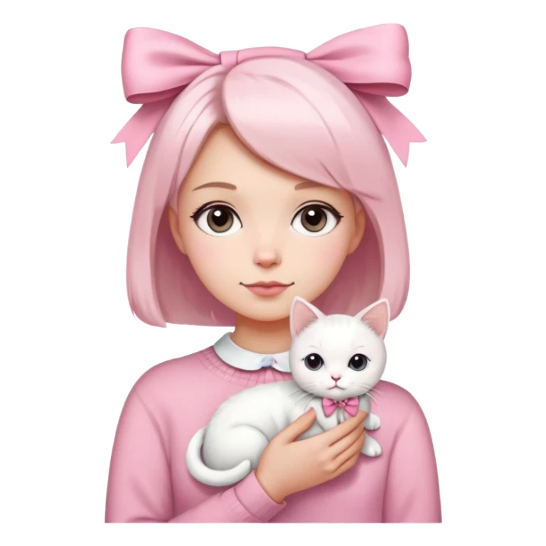A girl with short hair, using pink sweater and there's a white bow in the middle of the sweater, and she's also using white bow on her hair. Also, she brings a white cat, using pink bow.  sticker