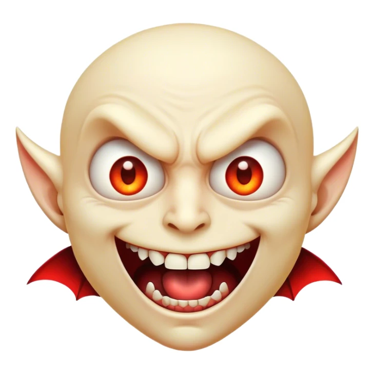 Cinematic Comical Vampire Portrait Emoji, with a sharply stylized, slightly caricatured pale face accented with exaggerated fangs and overly dramatic wide eyes filled with comic shock, head tilted in a hilariously startled pose, simplified yet amusingly detailed, glowing with a soft mysterious glow and a playful outline capturing the quirky humor of a vampire in disbelief! sticker