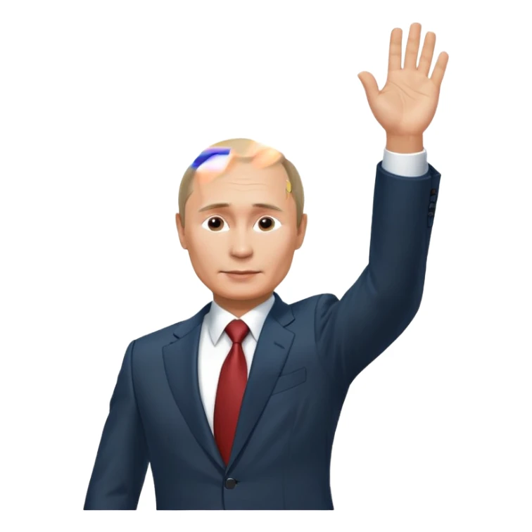 Putin stands with his right hand raised towards the sun sticker