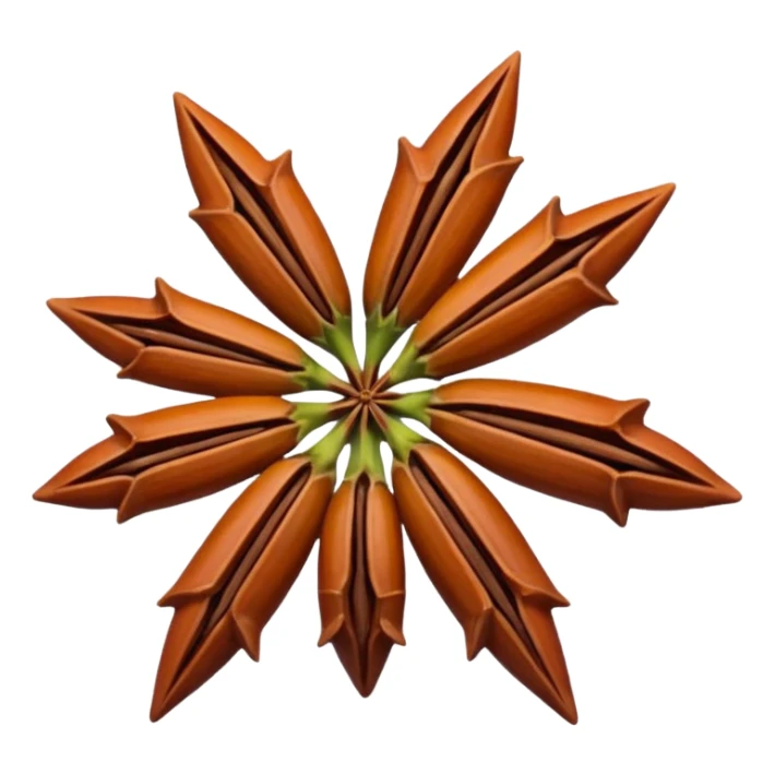 star anise pods (1-2), whole, reddish-brown, eight pointed arms, perfect star shape, smooth and slightly glossy, visible seeds, woody crisp texture, no extras, soft lighting, transparent background, emoji scale sticker