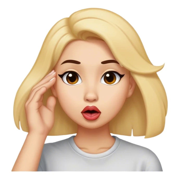 pushing hair behind one ear and making duck lips sticker