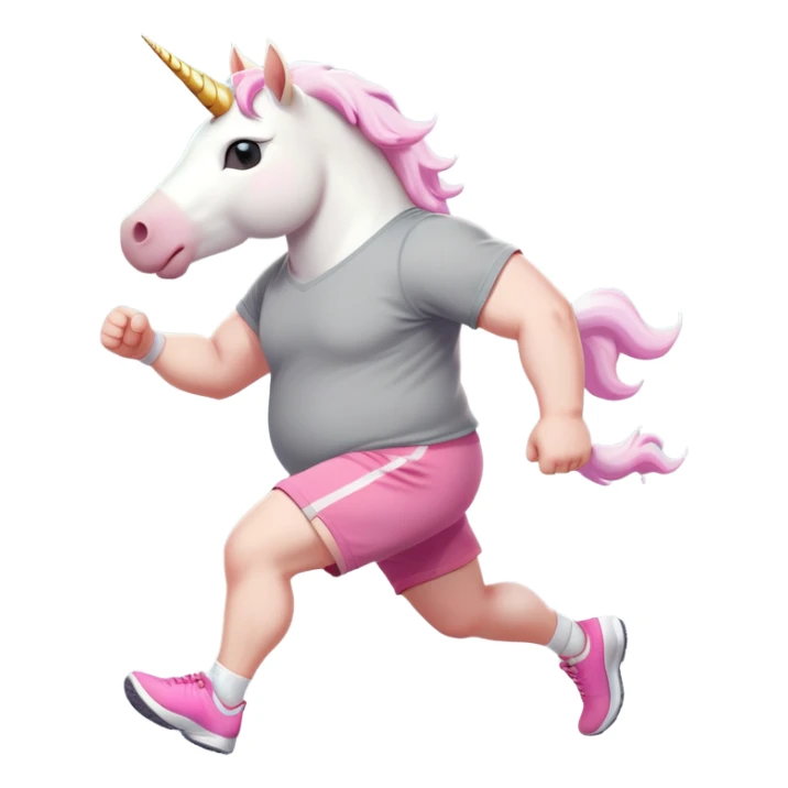 friendly anthropomorphised male white unicorn with an extra chunky, very strong and stocky build, arms and legs matching the white of the head, in grey shorts and pink t-shirt, wearing dark sunglasses, jogging upright in a relaxed pose sticker