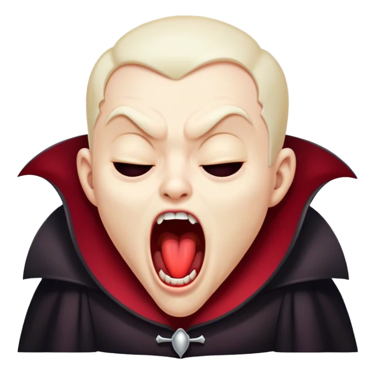 Cinematic Cute Yawning Vampire Portrait Emoji, with a small, rounded, charming pale face accented with tiny playful fangs and droopy, half-closed eyes, head tilted in an adorable wide yawn, dressed in miniature elegant dark attire with a hint of crimson, simplified yet irresistibly endearing, highly detailed with a soft, mysterious glow and gentle outline that captures the cute, drowsy side of an immortal! sticker