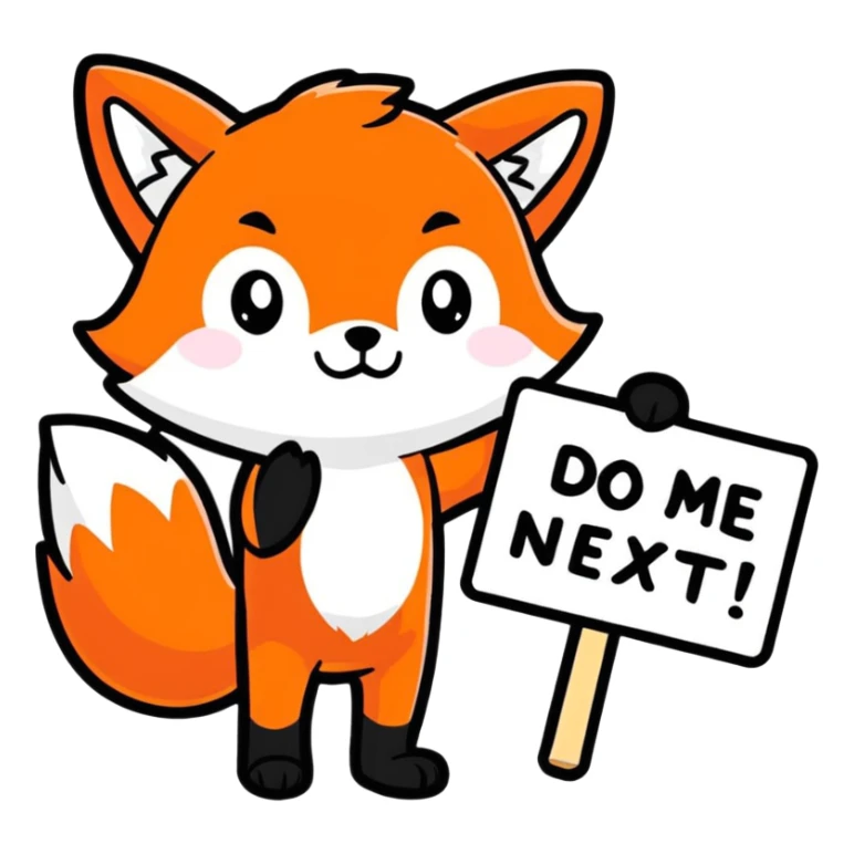 blushing fox holding a sign with the text 'do me next please?' cartoon sticker style sticker