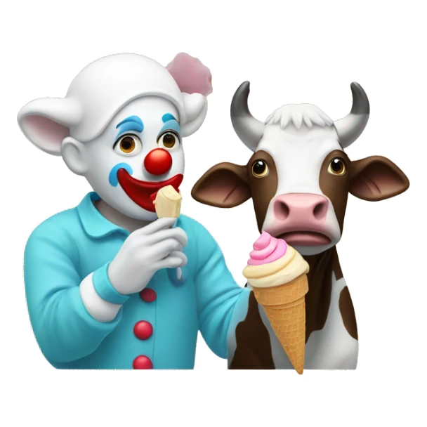 Clown eating ice cream with a cow sticker
