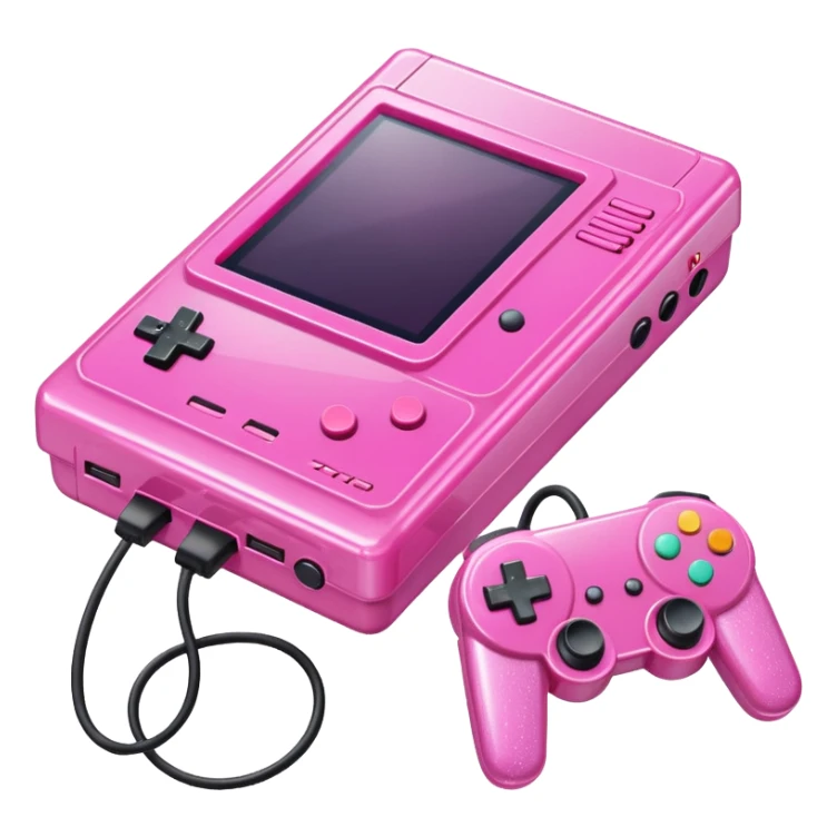 glittery pink 90s retro game console with pink corded controller next to it sticker