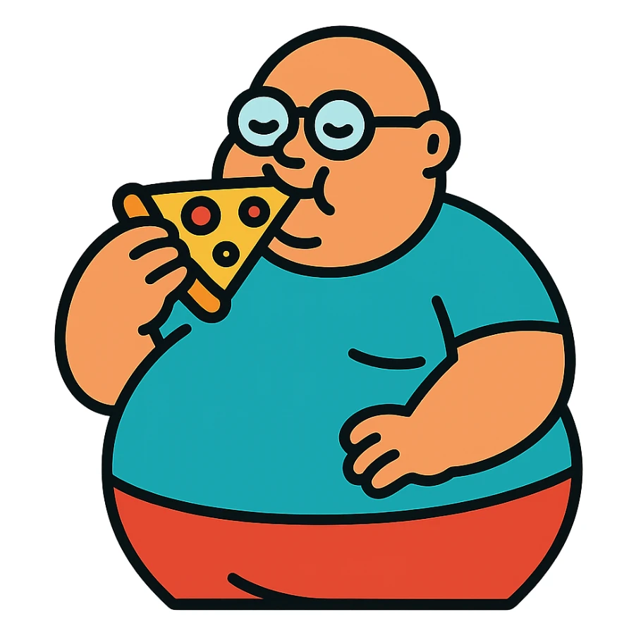 very fat bald man with glasses eating pizza sticker