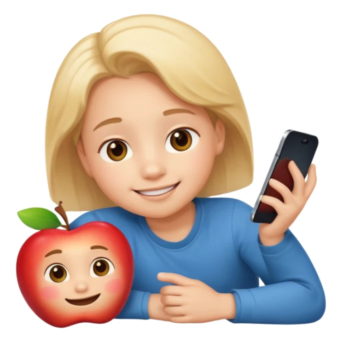 happy little kid with a phone, lying on their stomach, apple style emoji sticker
