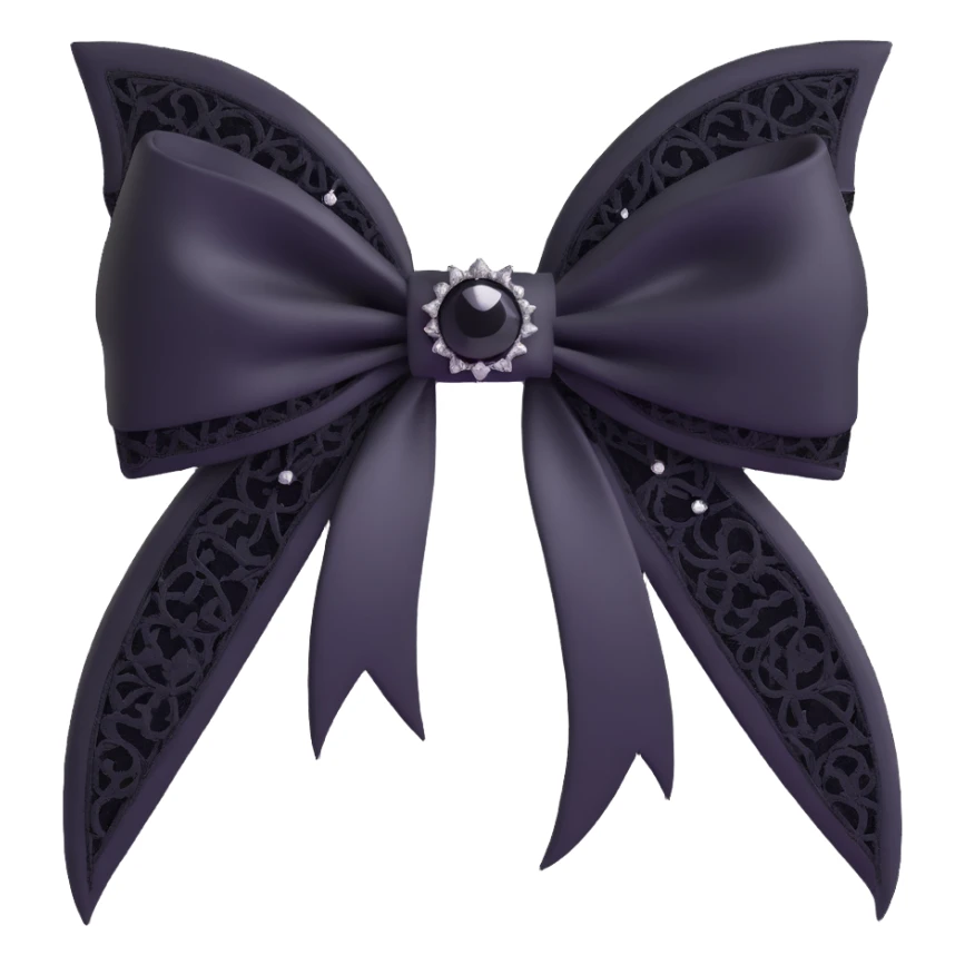 3D emoji gothic bow, white silk, silver crescent moon, black lace overlay, black feather accents, single black teardrop gem sticker