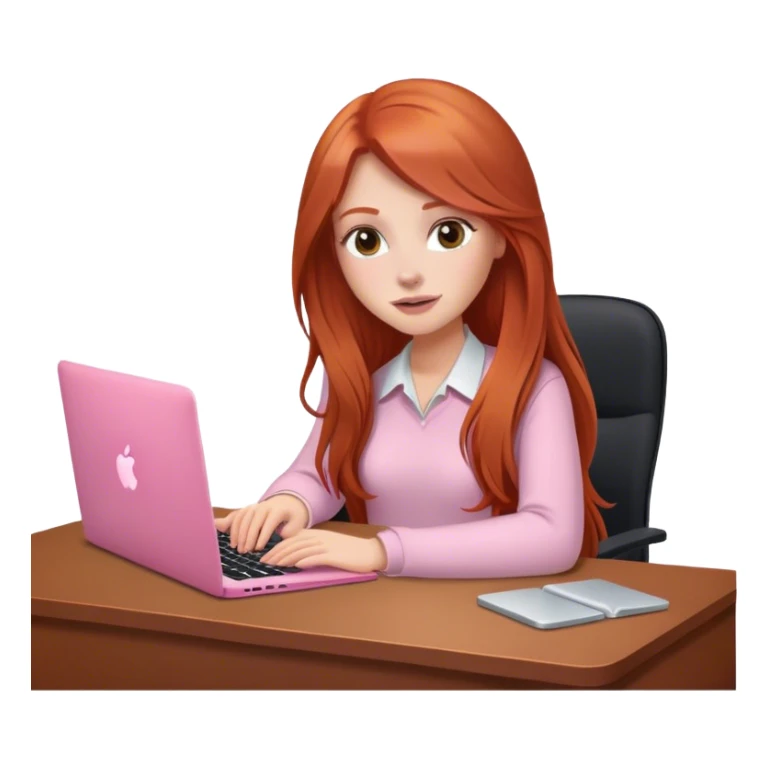 Long hair Redhead sat at desk with pink MacBook  sticker