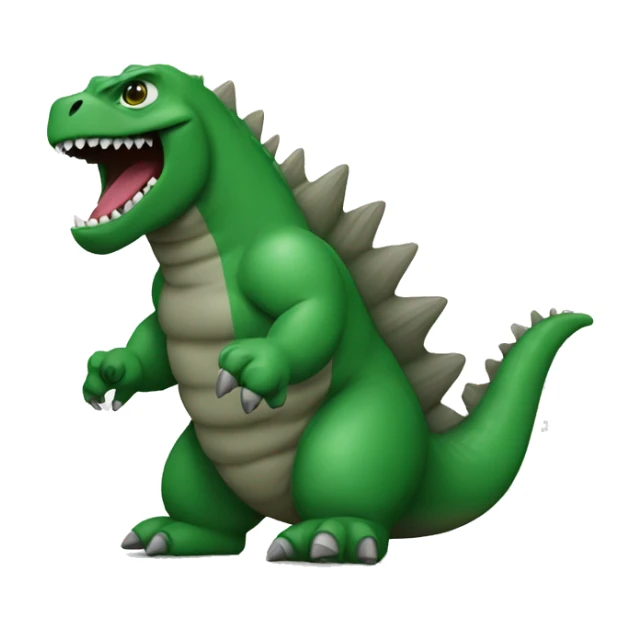 Godzilla wearing a green shirt with the word “brat” sticker