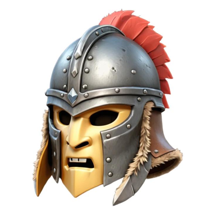 barbarian helmet object icon, rough metal helmet, fur details, leather straps, battle-worn scratches, fantasy style, 3D cartoon, mobile game icon style, centered, clean background, soft shadow, no text, no watermark

 sticker