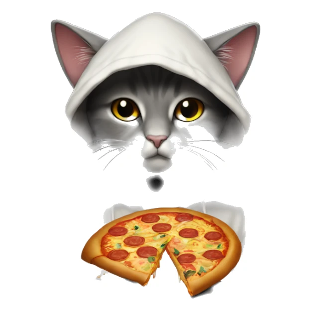 A hooded cat is holding btc in his hand , sweeter and Night-themes, Behind it is written pizza and JR crypto sticker