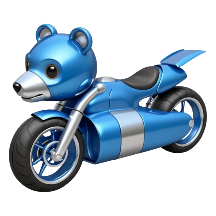  Metallic blue and lightly chrome-accented  kid-sized race car for furry scary robot teddy bear with custom aero body and rear wing and motorcycle-sized wheels  sticker
