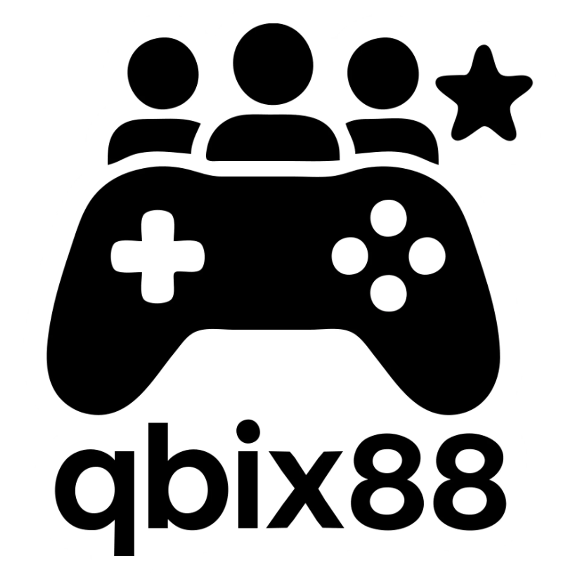 Gaming platform app icon for 'qbix88' showing controller, community, and benefits sticker