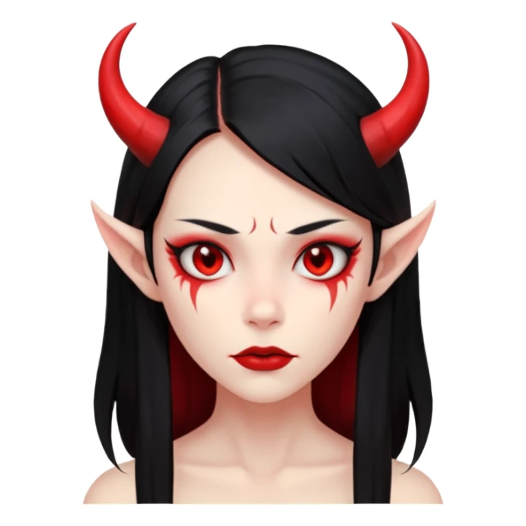 Head only demon girl: ENTIRE skin flat solid red, long straight sleek black hair, sharp cheekbones/jaw, small horns; centered, no body, no text. sticker