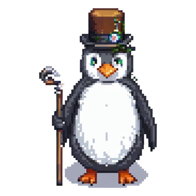 penguin with monocle and cane, pixel art style sticker