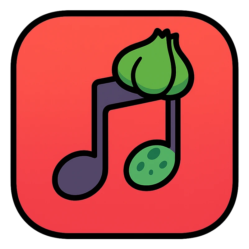 red note app emoji, red gradient, music note with Bulbasaur's bulb and spots, rounded app icon look sticker