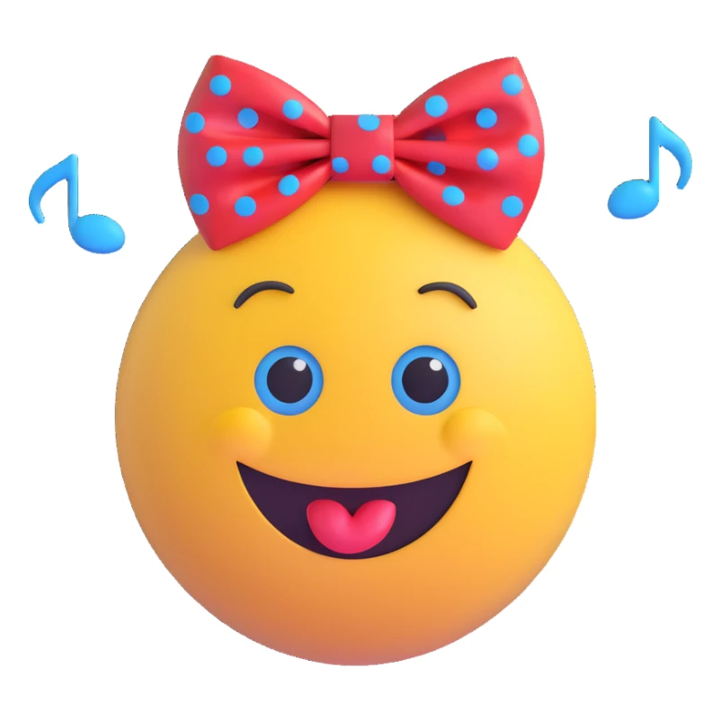 3D smiley emoji, large eyelashes, red polka dot bow, surprised, O-shaped mouth, blue eyes, musical notes sticker