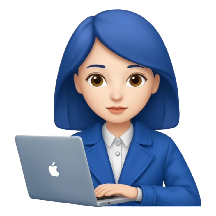 woman in blue coat, laptop sticker