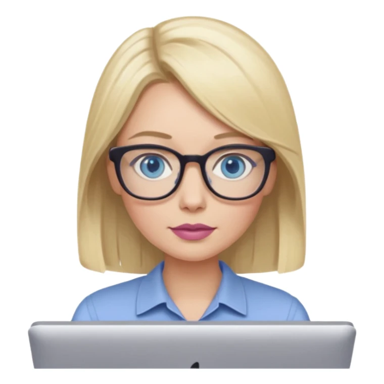 donna, occhi azzurri con occhiali, capelli medi, lisci e biondi, lavora usando il pc. Labbra color malva chiaro sticker