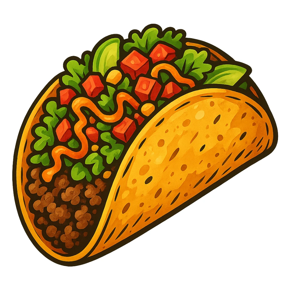 мексиканское тако, яркий, рисованный, но при этом объемный стиль, прозрачный фон, четкие линии sticker