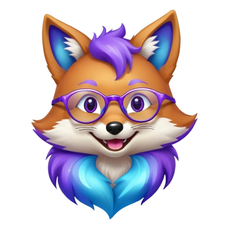 A magical fox with shimmering purple and blue fur, a glowing tail, a silver star on its forehead, and round glasses, laughing so hard that tears are streaming from its eyes. 🦊😂 sticker