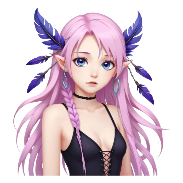 Gorgeous beautiful pretty grumpy anime lady long-pale-whitish-pastel-pink-hair with one thin braid on each side, hanging purple feather-ear-cuffs with pink tips in hair, black bodysuit, blue eyes, pink iris, ethereal, fashion aesthetic  sticker