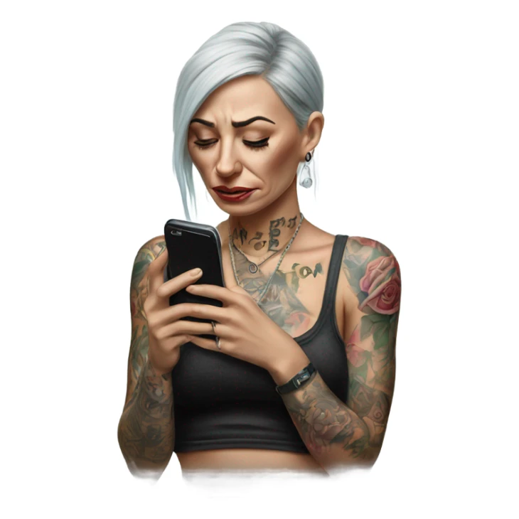 Hyper Realistic Beautiful tattooed woman crying holding a phone  sticker