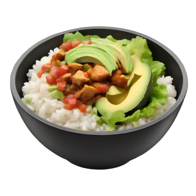 Chipotle bowl with lettuce, chicken, white rice, avocado and salsa, sticker