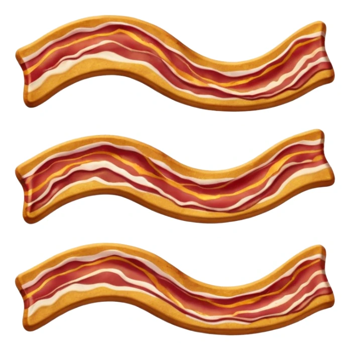 single crispy bacon strip, natural wavy shape, rich reddish-brown, golden highlights, fat marbling, glossy and crispy texture, clean 3D rendering, soft light, subtle shadow, no plate, no anthropomorphic features, transparent background, emoji scale sticker